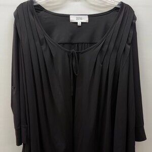 Textile Elizabeth James Size L Pleated Open-Front Tie Neck Cardigan Top Black